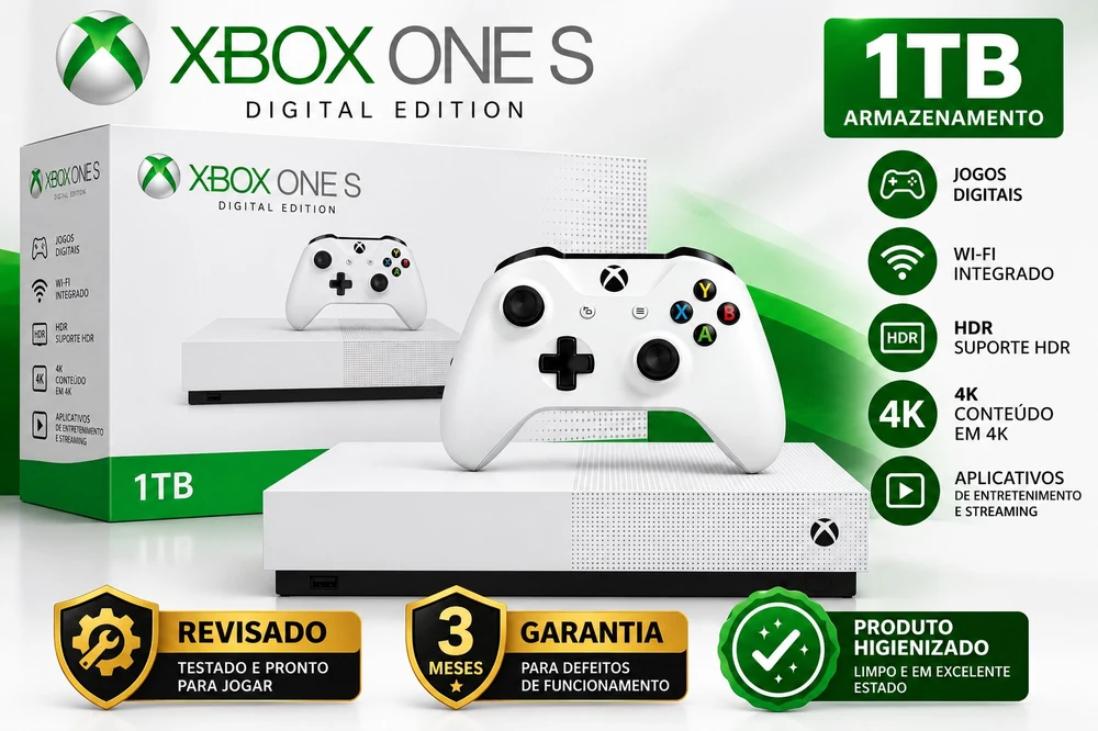 Xbox One S Digital 1TB + 1 Controle Original + Caixa Revisado Pronto para Jogar