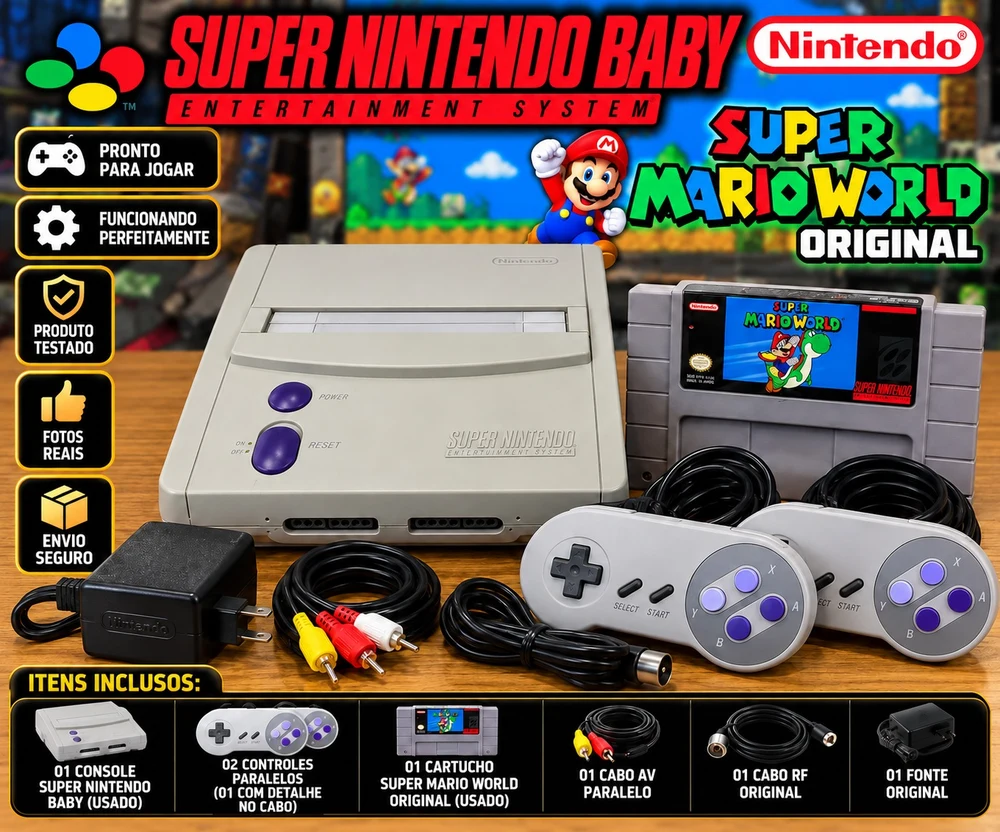 SUPER NINTENDO BABY + SUPER MARIO WORLD ORIGINAL + 2 CONTROLES PARALELOS | PRONTO PARA JOGAR*