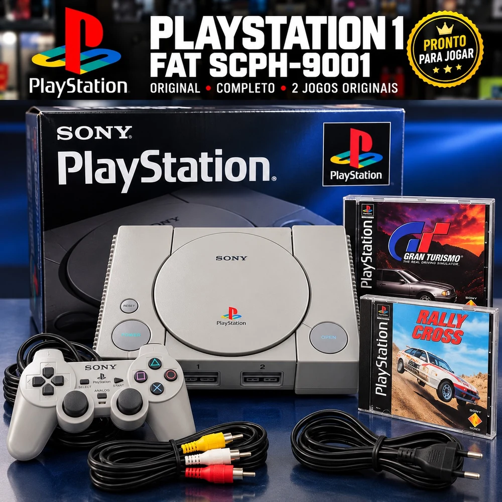 PLAYSTATION 1 FAT SONY SCPH-9001 ORIGINAL + 01 CONTROLE ANALÓGICO + 2 JOGOS ORIGINAIS PRONTO P JOGAR