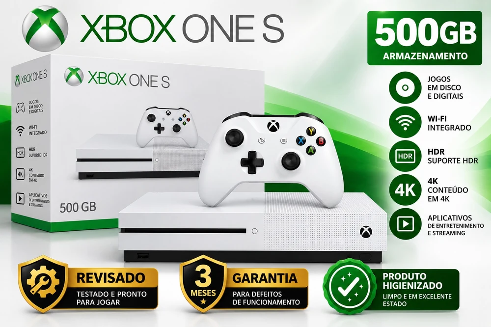 Xbox One S 500GB + 1 Controle Original + Caixa — Revisado e Pronto para Jogar